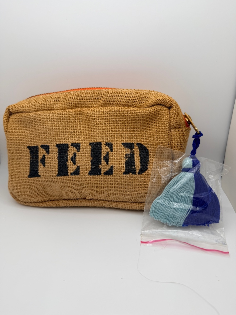 FEED Natural Burlap Jute Cosmetic Pouch Makeup Bag Travel Tan Blue Tassel